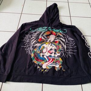 Ed Hardy Black cotton pullover hoodie double graphic design